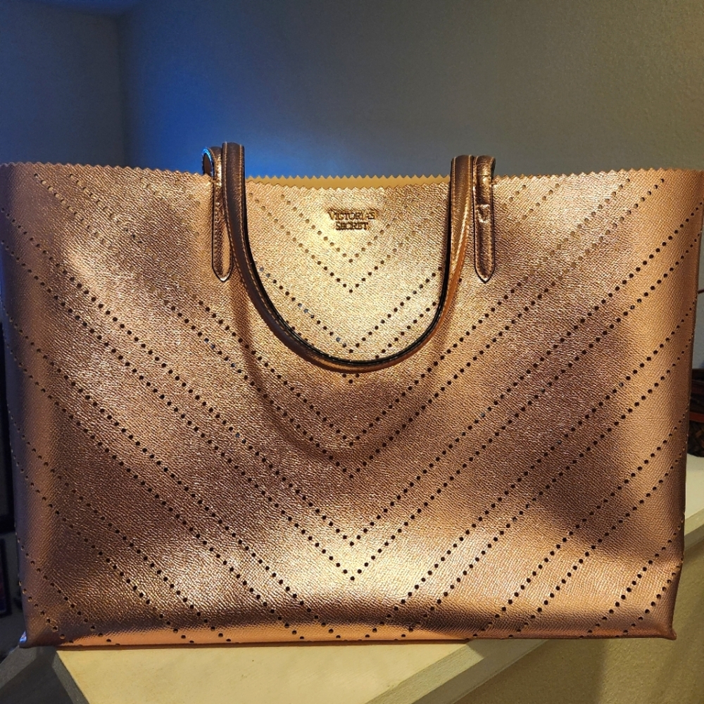 Victoria's Secret metallic patent leather perforated rose gold pink tote